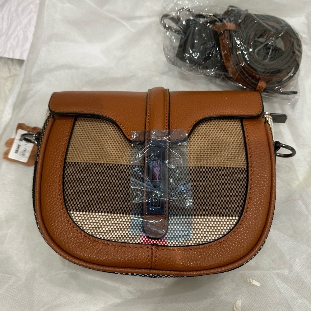 Genuine Leather and Woven Checked Mini Crossbody - Picture 7 of 15